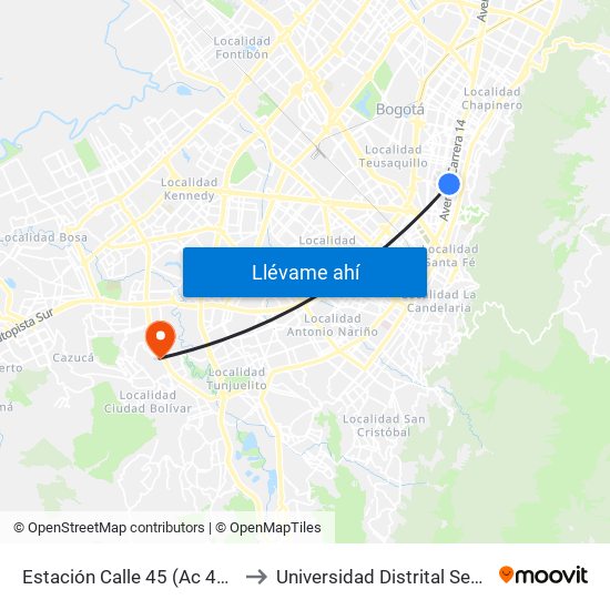 Estación Calle 45 (Ac 45 - Av. Caracas) to Universidad Distrital Sede Tecnológica map