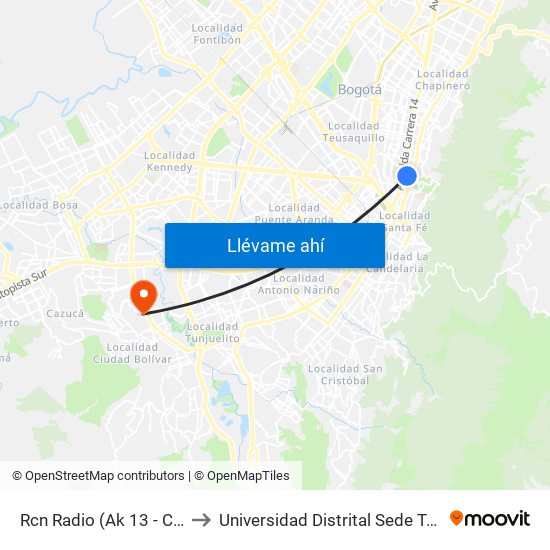 Rcn Radio (Ak 13 - Cl 38) (A) to Universidad Distrital Sede Tecnológica map