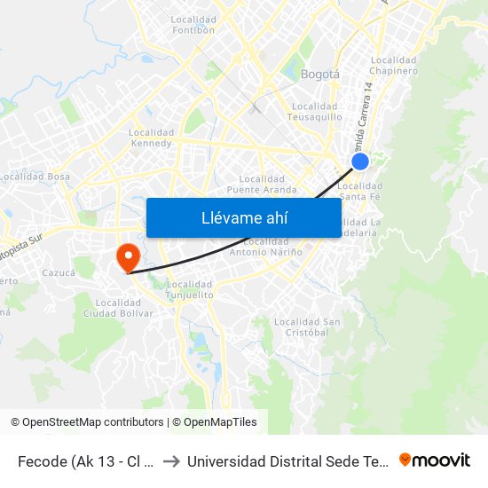 Fecode (Ak 13 - Cl 34) (A) to Universidad Distrital Sede Tecnológica map