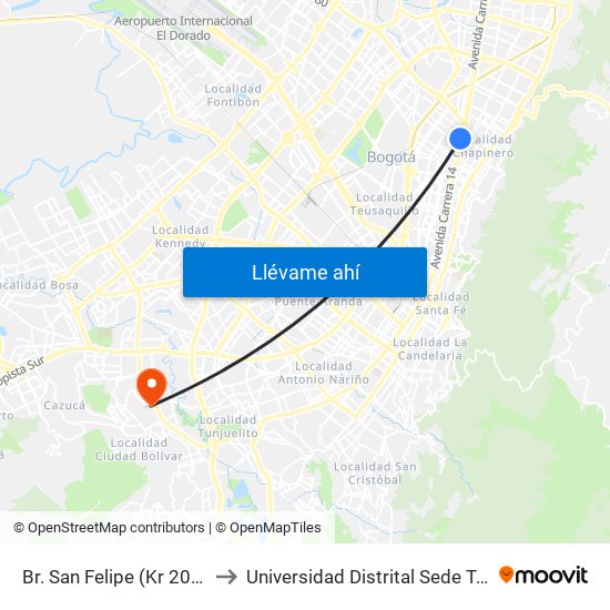 Br. San Felipe (Kr 20a - Cl 74) to Universidad Distrital Sede Tecnológica map