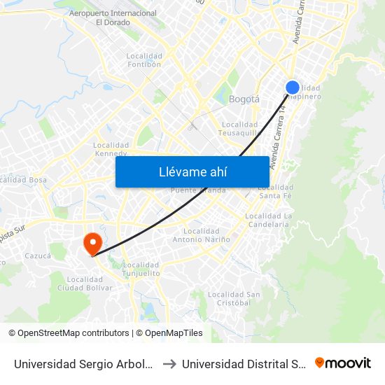 Universidad Sergio Arboleda (Ak 15 - Cl 75) to Universidad Distrital Sede Tecnológica map