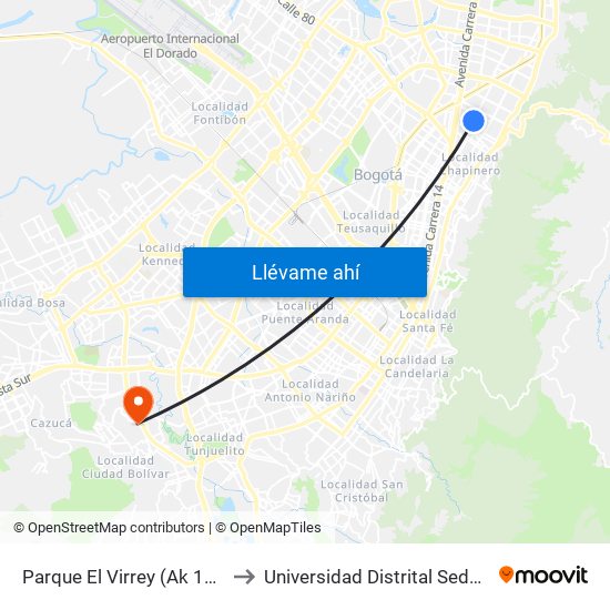 Parque El Virrey (Ak 15 - Cl 87) (A) to Universidad Distrital Sede Tecnológica map