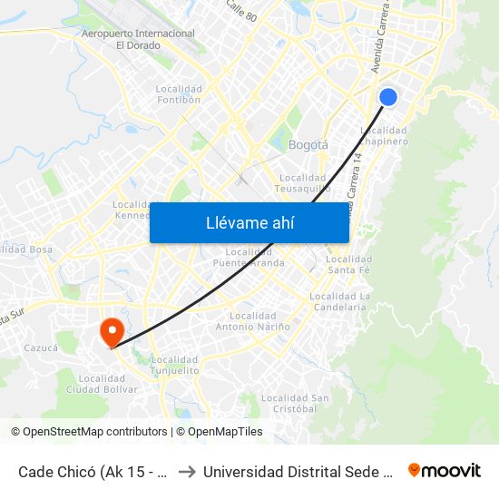 Cade Chicó (Ak 15 - Cl 90) (A) to Universidad Distrital Sede Tecnológica map