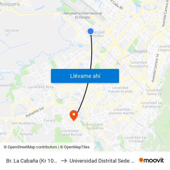 Br. La Cabaña (Kr 100 - Cl 22i) to Universidad Distrital Sede Tecnológica map