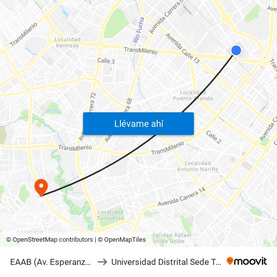 EAAB (Av. Esperanza - Kr 37) to Universidad Distrital Sede Tecnológica map