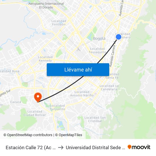 Estación Calle 72 (Ac 72 - Kr 13) to Universidad Distrital Sede Tecnológica map