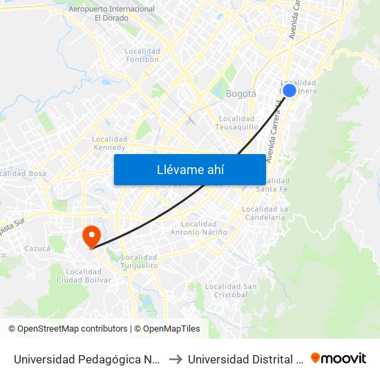 Universidad Pedagógica Nacional (Ac 72 - Ak 11) to Universidad Distrital Sede Tecnológica map