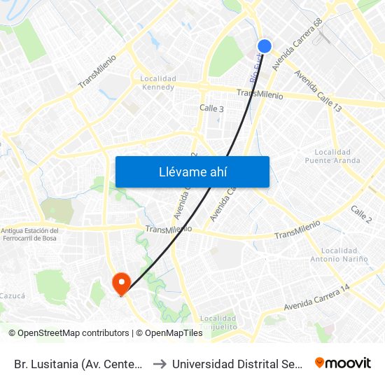 Br. Lusitania (Av. Centenario - Ak 68d) to Universidad Distrital Sede Tecnológica map