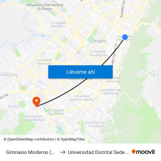 Gimnasio Moderno (Kr 9 - Cl 76) to Universidad Distrital Sede Tecnológica map