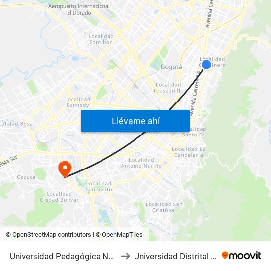 Universidad Pedagógica Nacional (Ac 72 - Ak 11) to Universidad Distrital Sede Tecnológica map