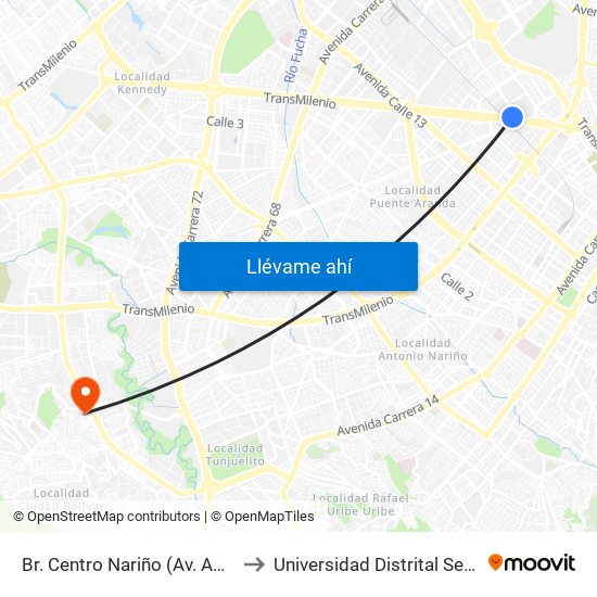 Br. Centro Nariño (Av. Américas - Ak 36) to Universidad Distrital Sede Tecnológica map