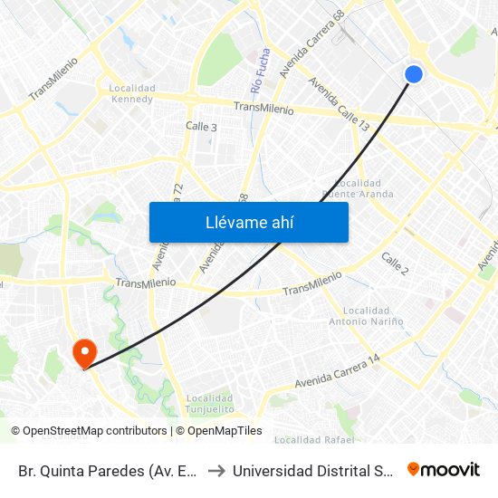 Br. Quinta Paredes (Av. Esperanza - Kr 45) to Universidad Distrital Sede Tecnológica map