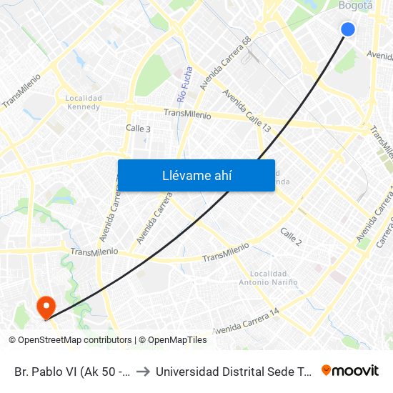 Br. Pablo VI (Ak 50 - Cl 57d) to Universidad Distrital Sede Tecnológica map