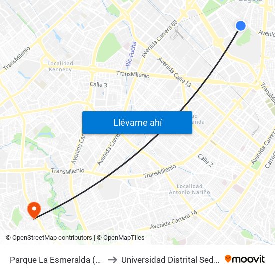 Parque La Esmeralda (Ak 50 - Cl 45) to Universidad Distrital Sede Tecnológica map