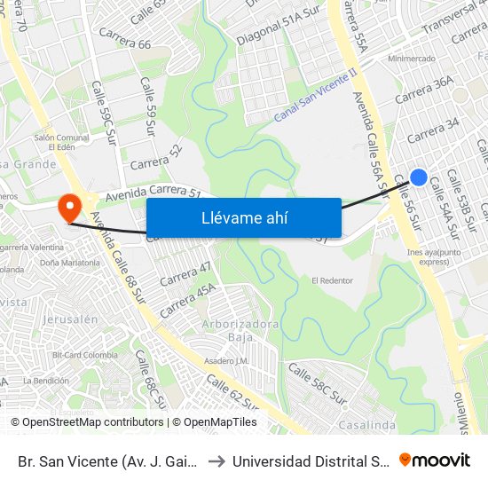 Br. San Vicente (Av. J. Gaitán C. - Av. Boyacá) to Universidad Distrital Sede Tecnológica map
