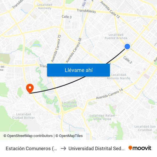 Estación Comuneros (Ac 6 - Ak 30) to Universidad Distrital Sede Tecnológica map