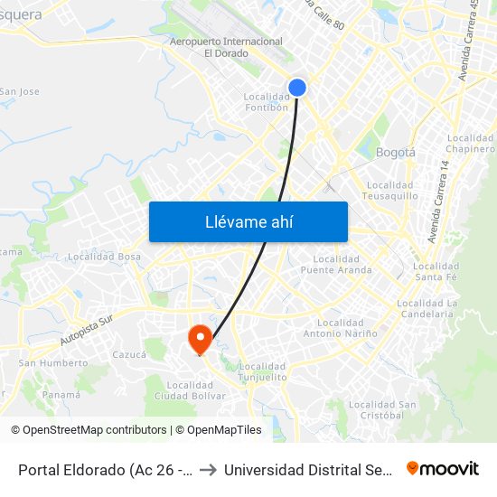 Portal Eldorado (Ac 26 - Av. C. De Cali) to Universidad Distrital Sede Tecnológica map
