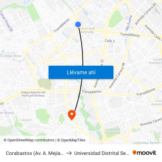 Corabastos (Av. A. Mejía - Av. Américas) to Universidad Distrital Sede Tecnológica map