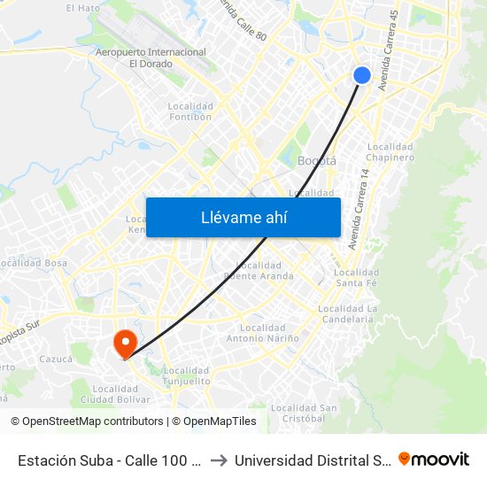 Estación Suba - Calle 100 (Ac 100 - Kr 60) (A) to Universidad Distrital Sede Tecnológica map