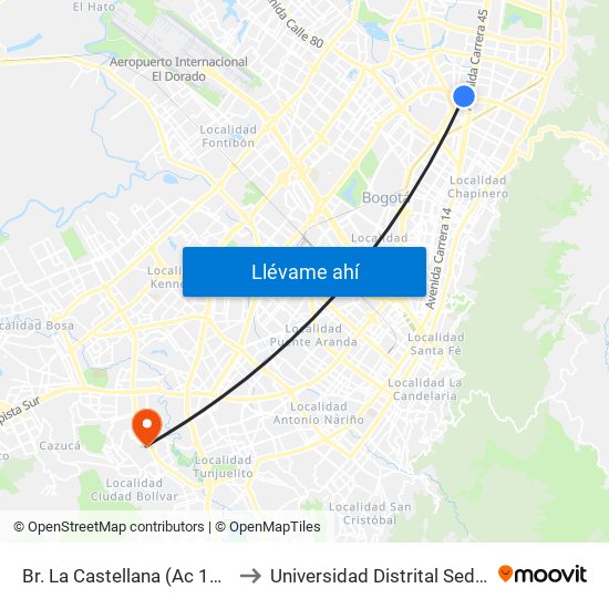 Br. La Castellana (Ac 100 - Kr 45) (A) to Universidad Distrital Sede Tecnológica map