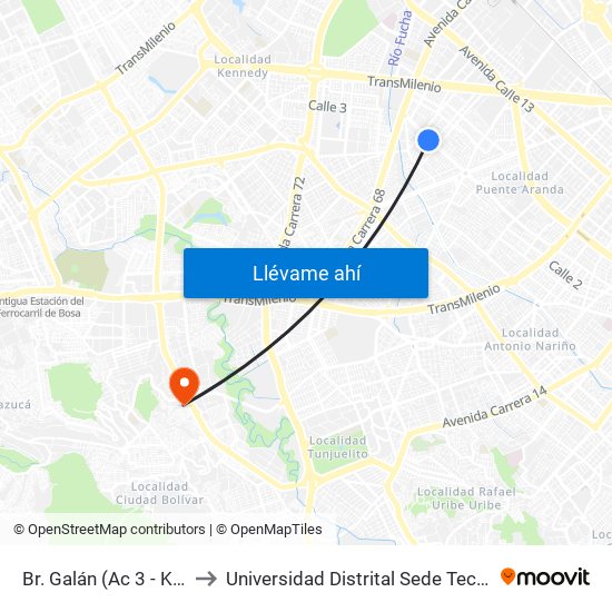 Br. Galán (Ac 3 - Kr 56a) to Universidad Distrital Sede Tecnológica map