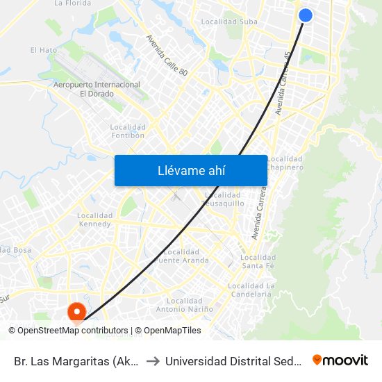 Br. Las Margaritas (Ak 19 - Cl 150) to Universidad Distrital Sede Tecnológica map