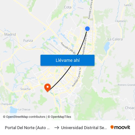 Portal Del Norte (Auto Norte - Cl 174a) to Universidad Distrital Sede Tecnológica map