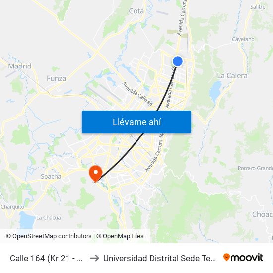 Calle 164 (Kr 21 - Cl 164) to Universidad Distrital Sede Tecnológica map