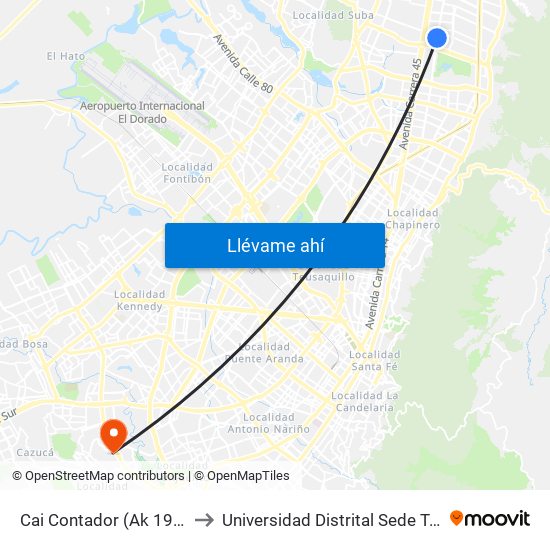 Cai Contador (Ak 19 - Cl 137) to Universidad Distrital Sede Tecnológica map