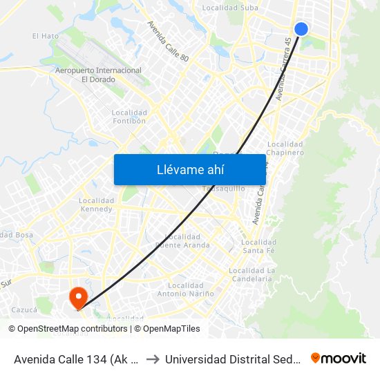 Avenida Calle 134 (Ak 19 - Ac 134) to Universidad Distrital Sede Tecnológica map