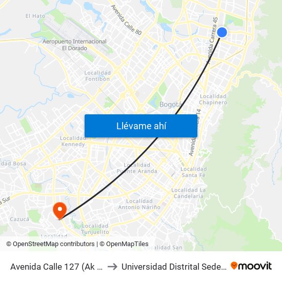 Avenida Calle 127 (Ak 19 - Cl 126) to Universidad Distrital Sede Tecnológica map