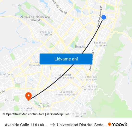 Avenida Calle 116 (Ak 19 - Cl 114) to Universidad Distrital Sede Tecnológica map