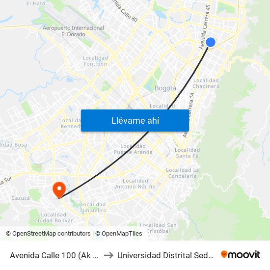 Avenida Calle 100 (Ak 19 - Ac 100) to Universidad Distrital Sede Tecnológica map