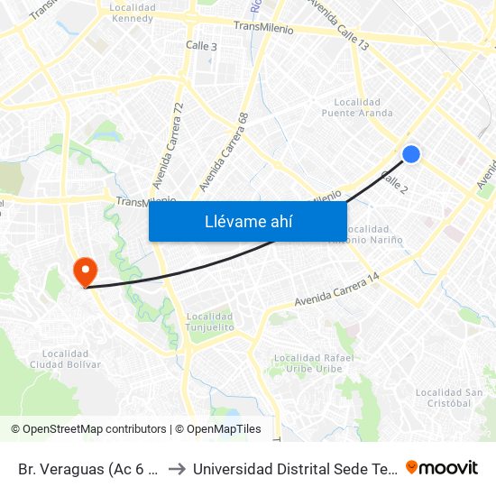 Br. Veraguas (Ac 6 - Ak 27) to Universidad Distrital Sede Tecnológica map