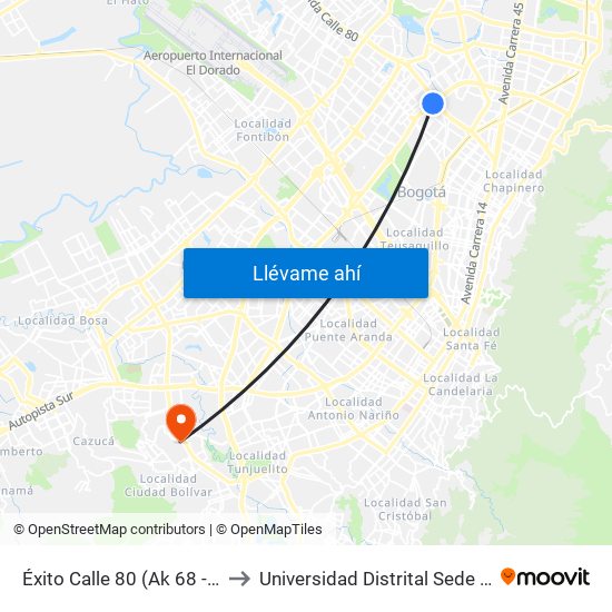 Éxito Calle 80 (Ak 68 - Ac 80) (A) to Universidad Distrital Sede Tecnológica map