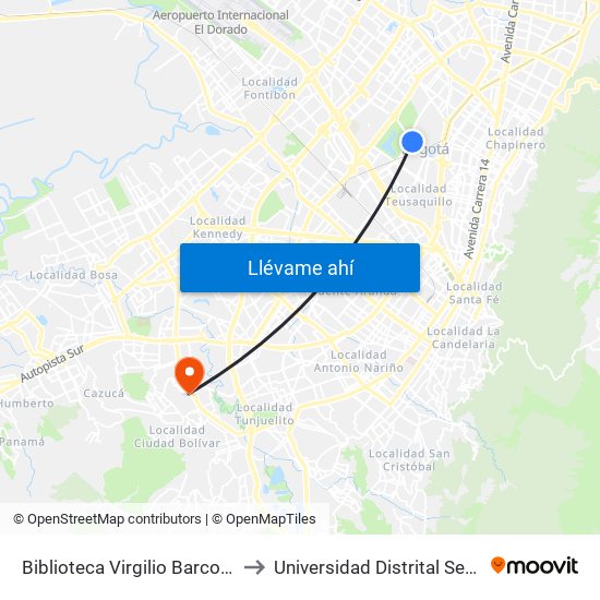 Biblioteca Virgilio Barco (Ac 63 - Ak 60) to Universidad Distrital Sede Tecnológica map