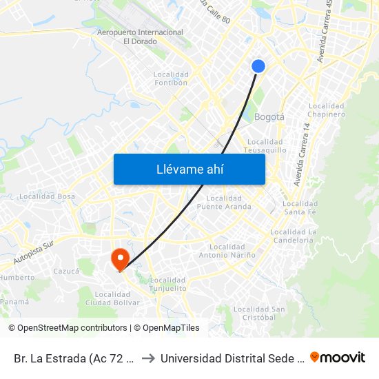 Br. La Estrada (Ac 72 - Kr 69) (A) to Universidad Distrital Sede Tecnológica map