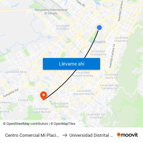 Centro Comercial Mi Placita (Ac 68 - Kr 65) (A) to Universidad Distrital Sede Tecnológica map