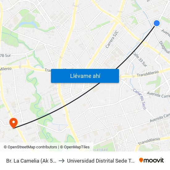 Br. La Camelia (Ak 50 - Cl 1) to Universidad Distrital Sede Tecnológica map