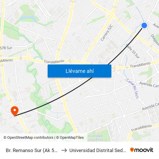 Br. Remanso Sur (Ak 50 - Cl 17 Sur) to Universidad Distrital Sede Tecnológica map