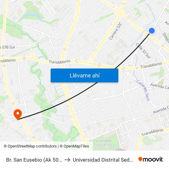 Br. San Eusebio (Ak 50 - Cl 22 Sur) to Universidad Distrital Sede Tecnológica map