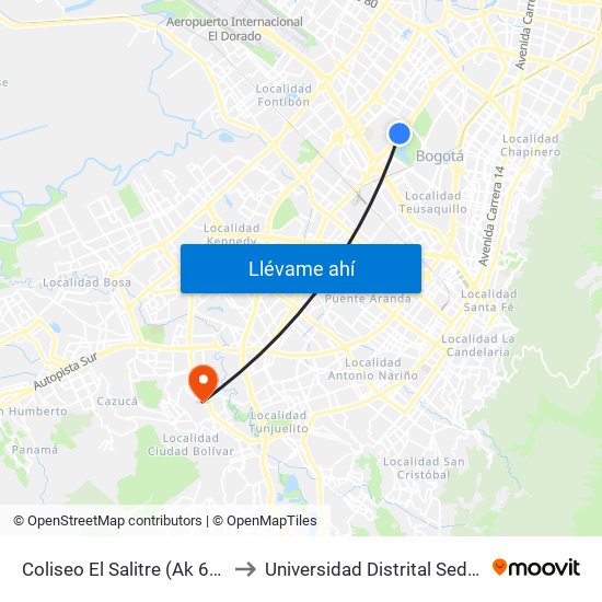 Coliseo El Salitre (Ak 68 - Ac 63) (A) to Universidad Distrital Sede Tecnológica map