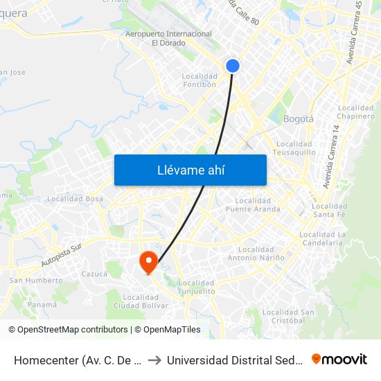 Homecenter (Av. C. De Cali - Cl 52a) to Universidad Distrital Sede Tecnológica map