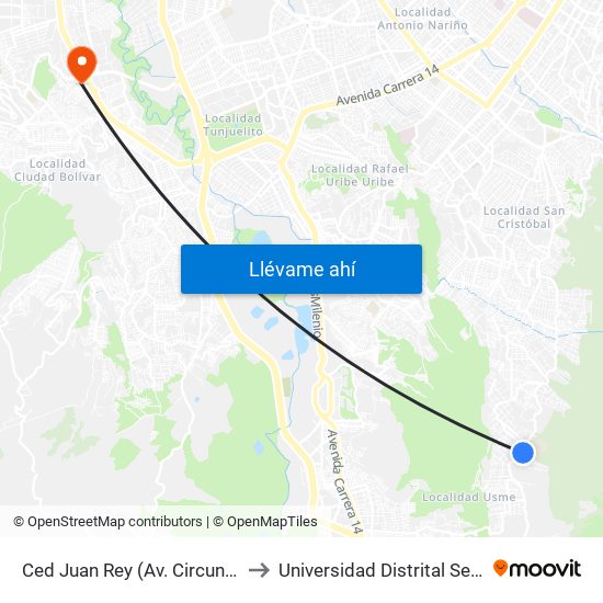 Ced Juan Rey (Av. Circunvalar - Cl 70 Sur) to Universidad Distrital Sede Tecnológica map