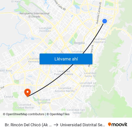 Br. Rincón Del Chicó (Ak 15 - Cl 101) (A) to Universidad Distrital Sede Tecnológica map