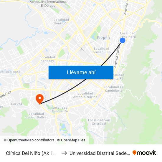 Clínica Del Niño (Ak 11 - Cl 67) (A) to Universidad Distrital Sede Tecnológica map