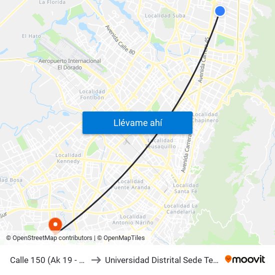 Calle 150 (Ak 19 - Cl 150) to Universidad Distrital Sede Tecnológica map