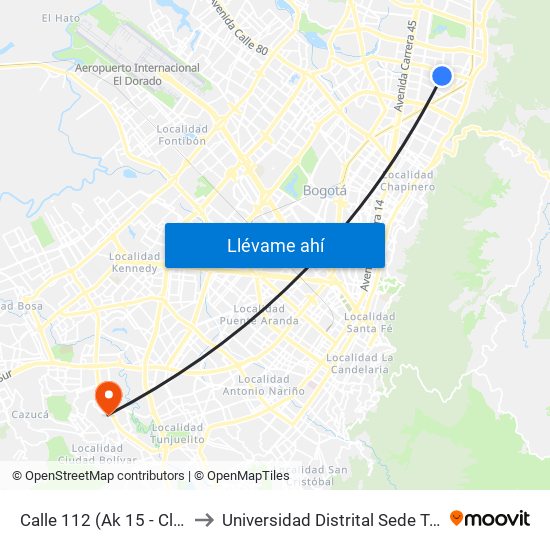 Calle 112 (Ak 15 - Cl 112) (A) to Universidad Distrital Sede Tecnológica map