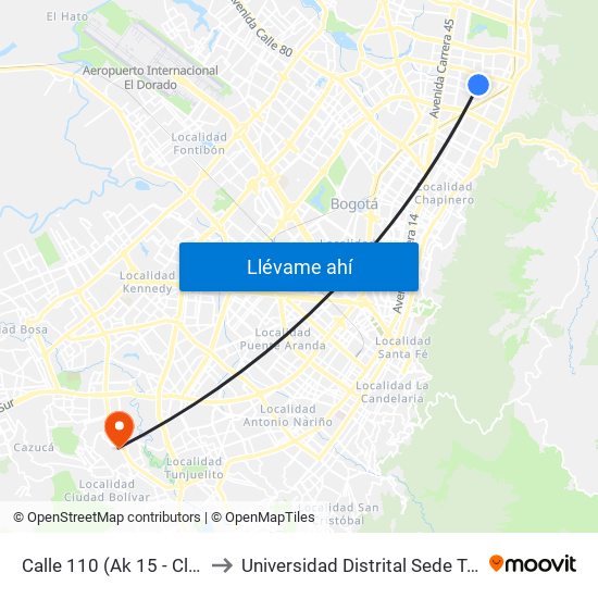 Calle 110 (Ak 15 - Cl 110) (A) to Universidad Distrital Sede Tecnológica map