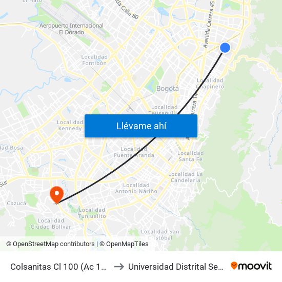 Colsanitas Cl 100 (Ac 100 - Kr 11b) (A) to Universidad Distrital Sede Tecnológica map